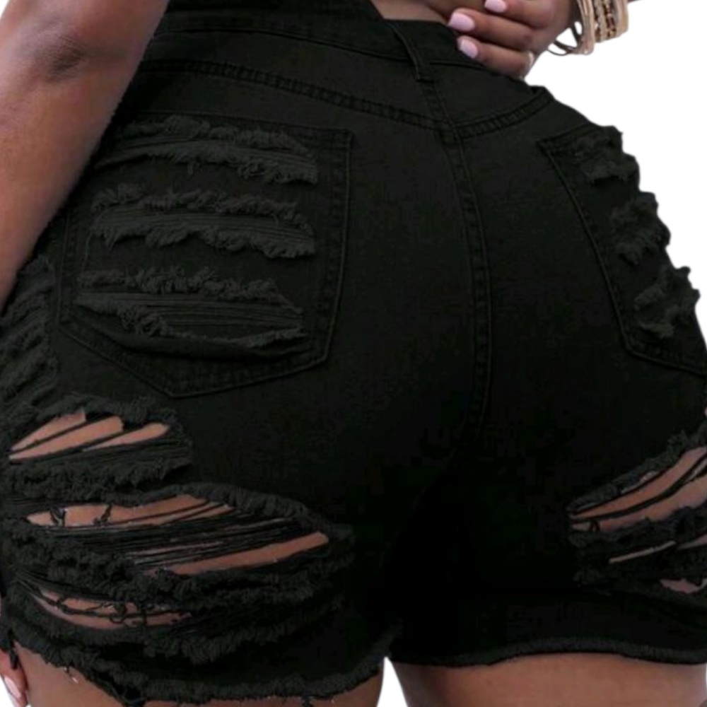 Edgy Black Jean Shorts with Distressed Design - Picture 2 of 4
